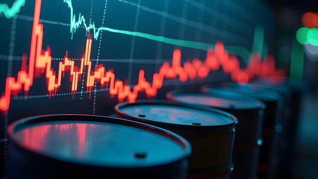 Oil barrels in front of a digital stock market graph showing volatile energy price trends.