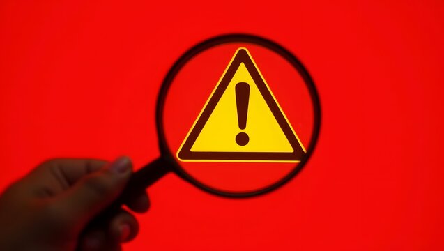 Hand holding magnifying glass over yellow warning sign on red background