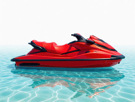 Bright red jet ski rests on clear blue water. This watercraft awaits adventure and fun on calm ocean surface, ready for summer vacation rides and exciting water sports.