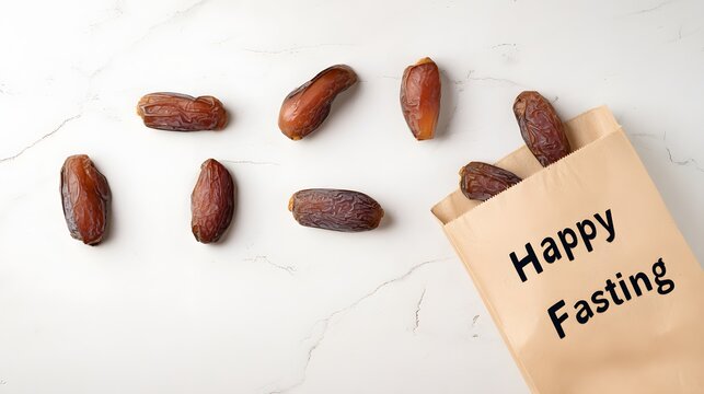 Happy Fasting message on paper bag with dates scattered on white table.