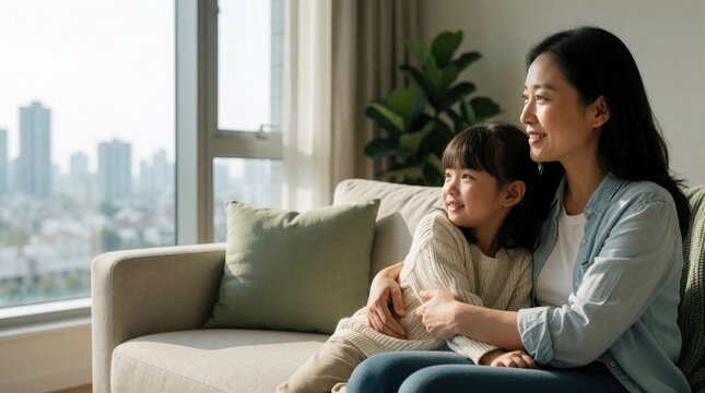 Mom hugs daughter on couch, watching city view from apartment window. Family shares loving moment indoors, feeling secure and hopeful about future.