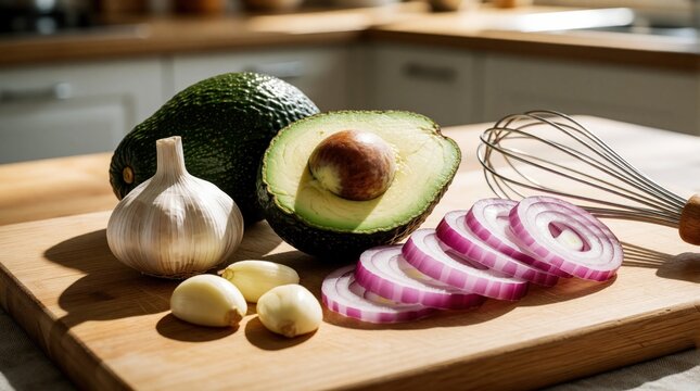Fresh avocado with pit, red onion rings, garlic cloves on wooden cutting board. Raw vegetables sit near metal whisk in bright kitchen. Healthy food ingredients ready for vegan cooking salad