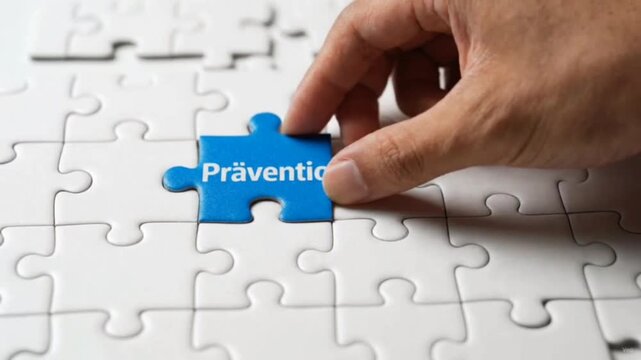 Hand placing blue puzzle piece with german word pravention onto blank white jigsaw board symbolising concept of systematic healthcare planning and prevention.