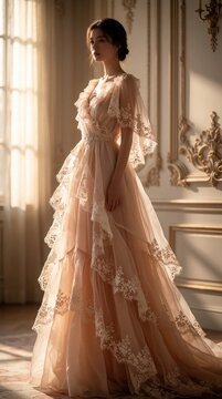 Elegant young woman wears long peach lace gown in luxury room. Beautiful female model poses in stylish wedding dress with layers. Sophisticated lady stands near window with soft light. Classic