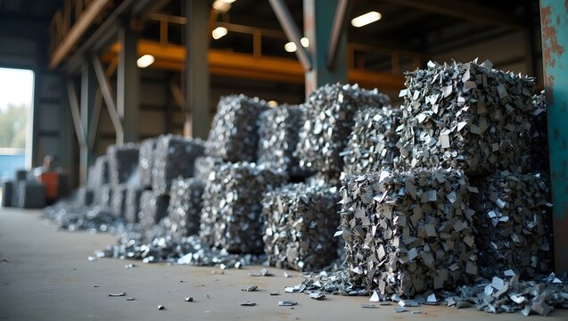 Compressed metal scrap cubes stacked in a recycling facility warehouse for industrial processing.