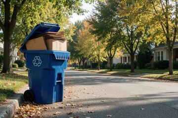 Obraz premium Blue recycle bin overflows with cardboard boxes on suburban street curb. Residential houses and green trees line the road. Autumn leaves trash the pavement. Collection day nears for waste.