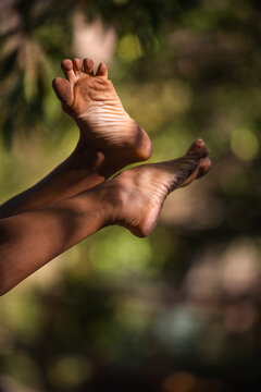 Bare Feet Raised Against Sunlit Green Foliage