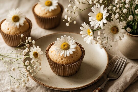 Simple cupcakes topped with daisies sit on plate near flowers and cutlery. Natural dessert setting creates warm inviting mood for gatherings and celebrations. Baking treats.