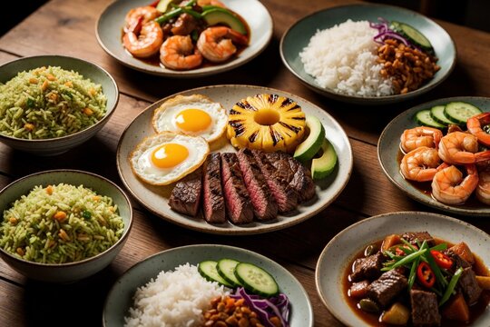 Top view of diverse food dishes on wooden table. Plates feature grilled steak with fried eggs, pineapple, avocado, shrimp, rice, beef stew. Many tasty meals with vegetables, spices ready to serve for