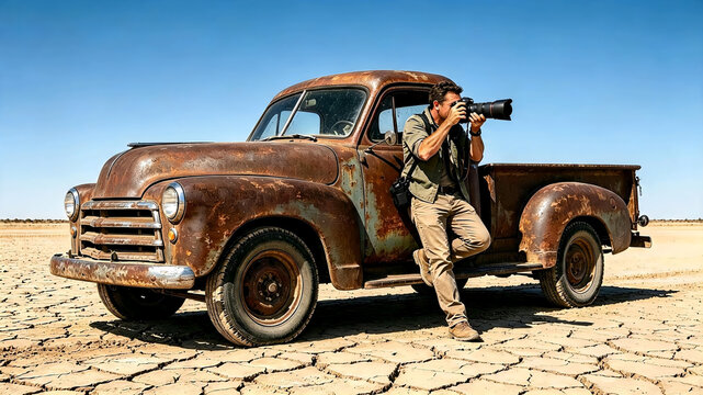 Photographer with camera beside rusty vintage pickup truck in dry cracked desert