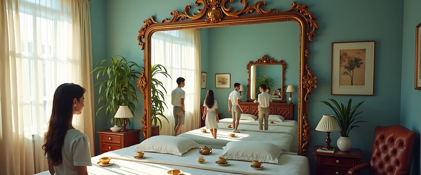 Woman observes reflection in large ornate mirror showing family members in brightly lit bedroom with vintage furniture for interior design.
