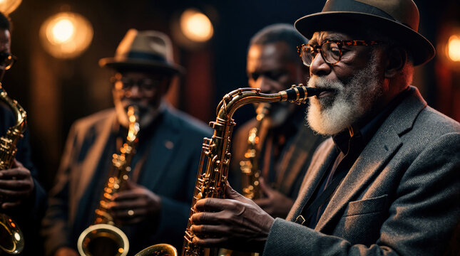 Group of elderly black musicians play saxophones in dim jazz club. Senior men wear hats, suits performing music. Pro jazz band ensemble practices instruments under warm stage lights during night