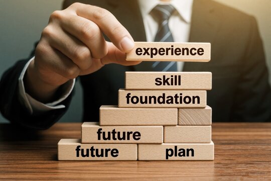Man builds staircase of wood blocks labeled future plan skill foundation experience for career growth. Planning business success and personal development strategy for achievement.
