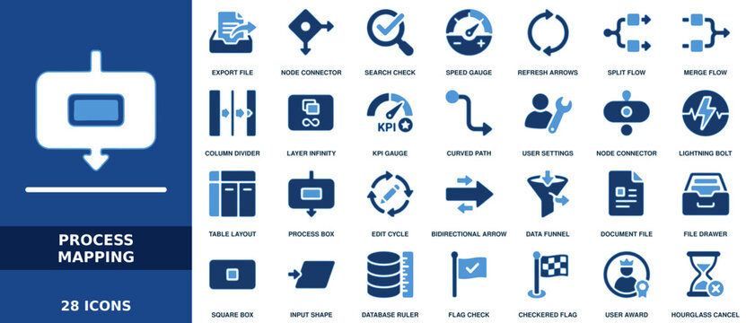 Set of 28 process mapping icons including export file, node connector, speed gauge, split flow, merge flow, column divider, kpi gauge, and data funnel