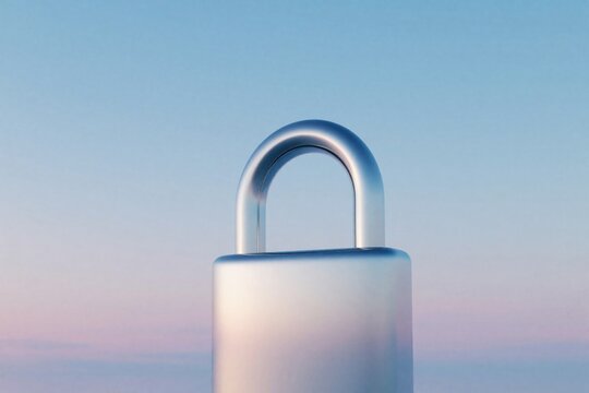 Silver metal padlock stands against calm blue, pink sky. Metallic lock cyber security, data protection, privacy. Concept of safety, trust, digital defense on tranquil sunset background. Secure