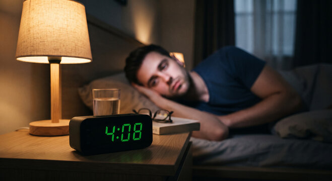 Sleepless man lying in bed at night looking at digital alarm clock showing 4:08