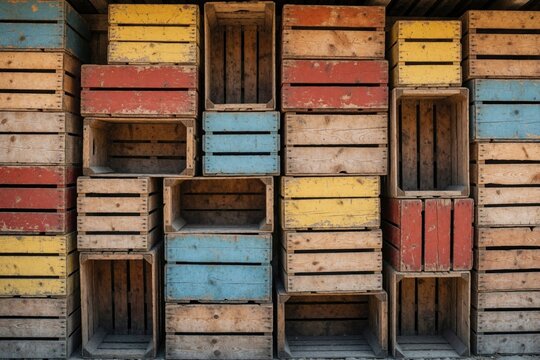 Stacked wooden crates in varied colors, some painted red, blue, and yellow, form a rustic wall. Old containers offer storage solutions, suggesting farmhouse or market display.