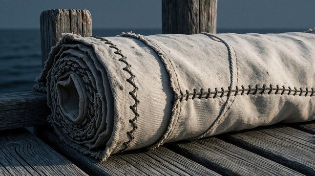 Rolled weathered sailcloth sits on a wooden dock post with water in the background. Thick stitching secures the heavy duty fabric. Textural detail of coarse canvas.