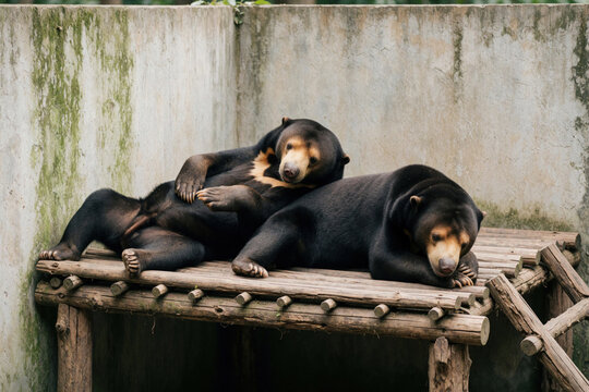 Two Malayan sun bears rest on wooden platform in zoo enclosure. Black bears with light colored muzzles lie down together in concrete sanctuary. Captive wild animals sleep peacefully under shade in