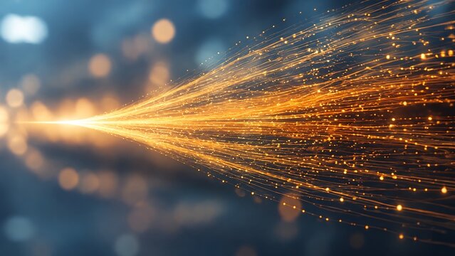 Glowing golden fiber optic light trails representing high speed data transfer and internet connectivity over a dark abstract technological background.