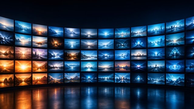 Massive curved digital video wall displaying multiple virtual landscapes and abstract environments in a dark futuristic multimedia broadcast studio room.