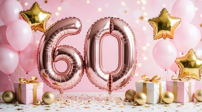 Elegant 60th birthday celebration with large rose gold number balloons. Pink background decorated with gold stars, confetti, festive balloons. Wrapped gift boxes with ribbons sit below shiny numeral