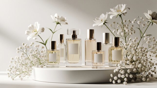 Perfume bottles arranged elegantly on a white podium with delicate white flowers and greenery. Minimalist luxury beauty product presentation for fragrance and cosmetics.