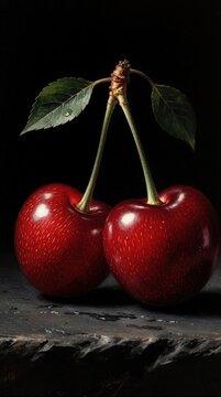 Two ripe red cherries with green leaves on dark background. Juicy sweet fruit still life painting with macro detail. Glossy cherries rest on stone surface. Vibrant organic food illustration for
