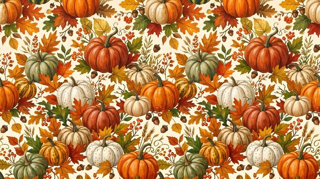 Seamless pattern with pumpkins, autumn leaves, and acorns