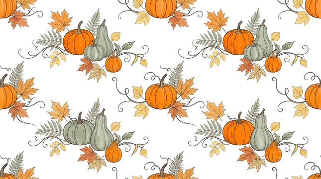 Seamless pattern with pumpkins, gourds, and autumn leaves isolated on white background