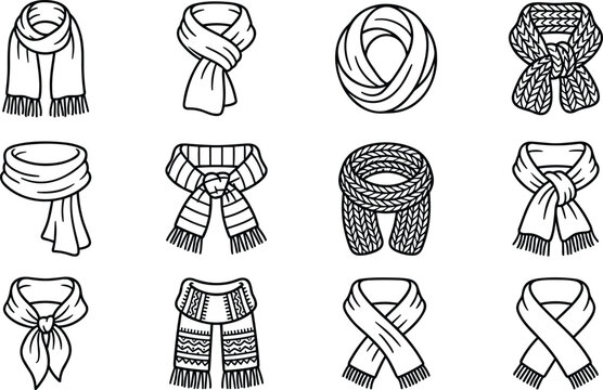 Winter scarf icons set knitted wool neckwear fringe snood cowl neckerchief apparel line art vector illustration.