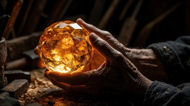 Weathered hands hold glowing amber crystal sphere in dim workshop. Artisan examines gem with focus, surrounded by tools, dust, and wooden shavings. Warm light illuminates intricate facets.