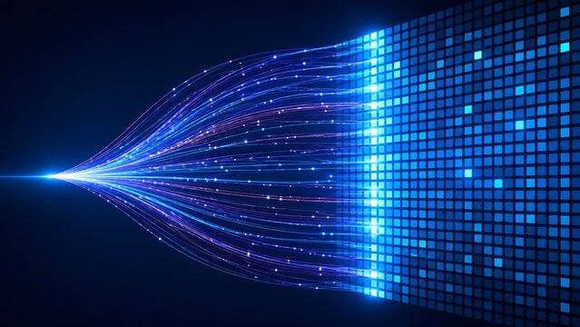 High speed digital fiber optic light trails converging into a glowing blue pixelated data grid wall representing advanced network information aggregation.