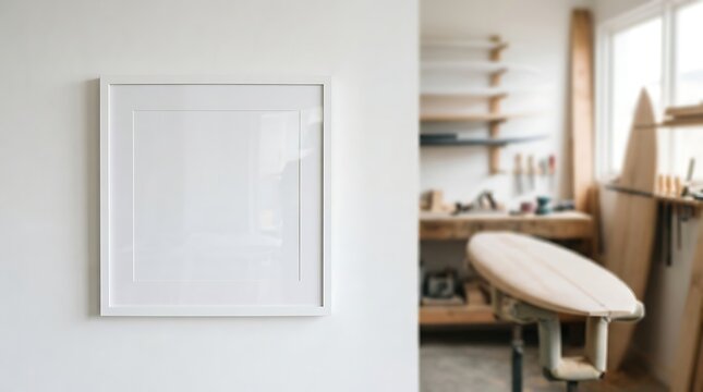Minimalist square white picture frame mockup on wall, blank poster frame in surfboard shaper workshop, bright coastal art display