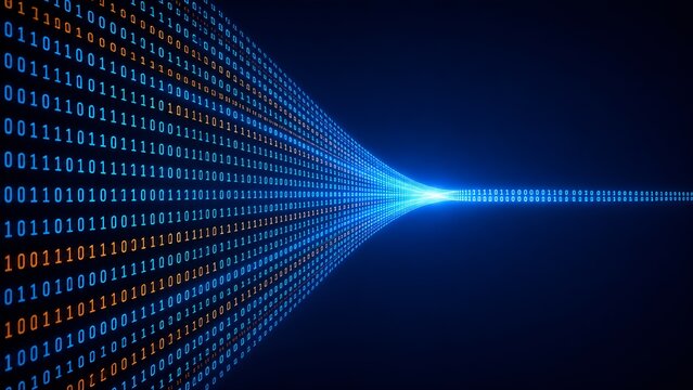 Dynamic blue and orange binary code wall converging into a concentrated glowing light beam illustrating high speed data compression and digital network transformation.