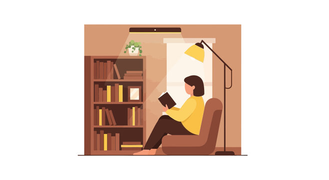 Cozy Home Library Illustration with Woman Reading a Book on a Comfortable Chair, Minimalist Flat Design Style for Education and Self-Care Concepts