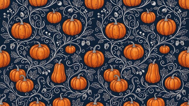 Seamless pattern with orange pumpkins and white handdrawn floral vines on dark blue background