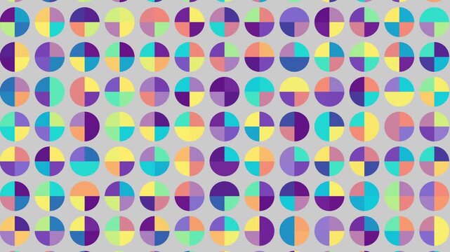 Colorful tiled mosaic changing through square, circular, and clipped shapes with rotating wedge patterns across orthogonal grid, creating bright abstract