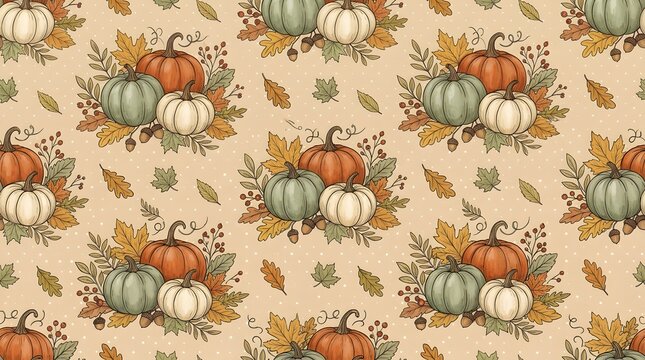Seamless pattern with pumpkins, autumn leaves, and acorns, cozy fall harvest background with polka dots, vintage style