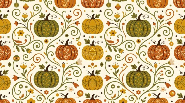 Seamless pattern with decorative pumpkins and floral swirls