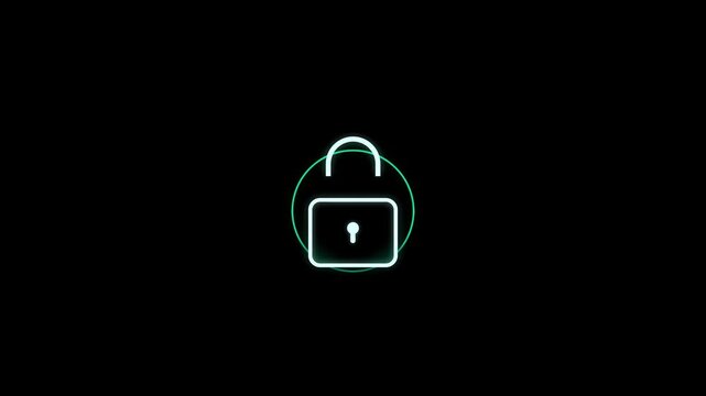 Digital security padlock icon glowing on black background for cyber protection and data privacy
