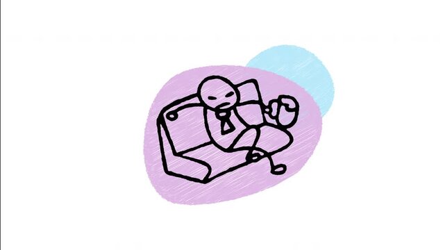 An animated hand-drawn stressed businessman relaxing on a sofa holding a glass of beer after work. Ideal for after-work unwind, stress relief, adult lifestyle, and evening downtime. 