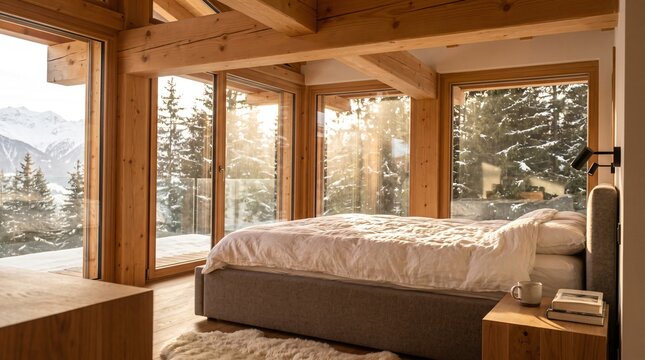 Modern luxury bedroom inside a wooden alpine cabin chalet overlooking snow covered mountains during a sunny winter morning