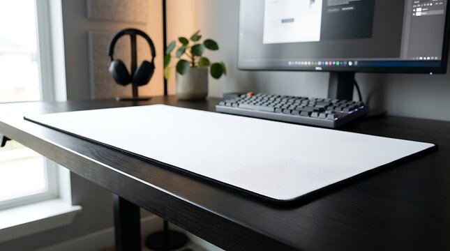 Minimalist white desk mat on black wooden table. Modern home office workspace with computer monitor. Clean desktop setup with keyboard and headphones.