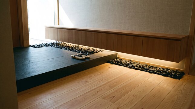 Traditional Japanese genkan entryway with wooden geta sandals on black stone floor and warm indirect led lighting