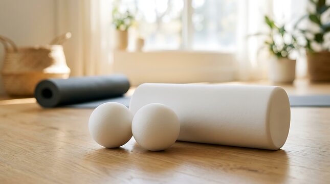 White foam roller and massage balls on wooden floor. Yoga equipment for myofascial release. Fitness tools in bright home studio.