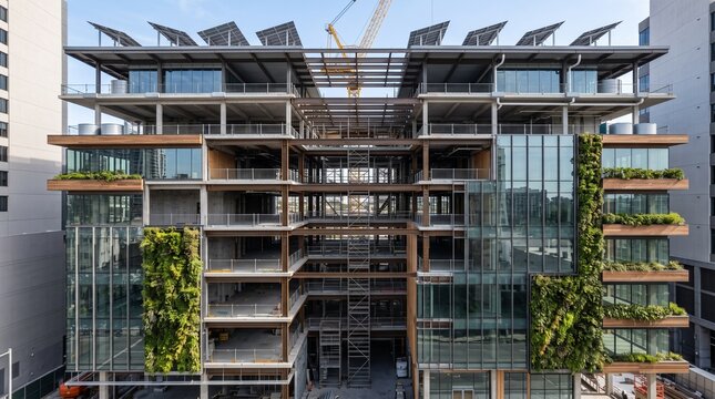 Modern sustainable office building under construction with solar panels and vertical gardens