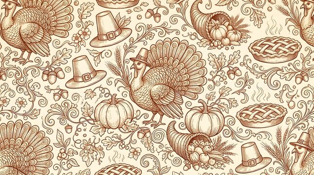 Seamless pattern with turkeys, cornucopia, pilgrim hats, and pies in vintage handdrawn engraving style for thanksgiving holiday background