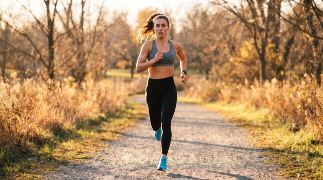 Autumn Trail Runner: A determined woman with athletic physique runs on a gravel path surrounded by trees with golden leaves, embracing the crisp autumn air during her outdoor exercise.