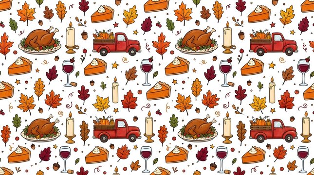 Seamless pattern with thanksgiving elements like roasted turkey, pumpkin truck, pumpkin pie, candles, wine glasses, and autumn leaves